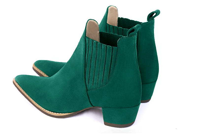 Emerald green women's ankle boots, with elastics. Tapered toe. Low cone heels. Rear view - Florence KOOIJMAN
